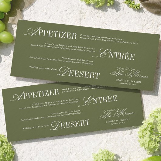 Carte de Menu de Mariage Vert Olive Ancien Argent
