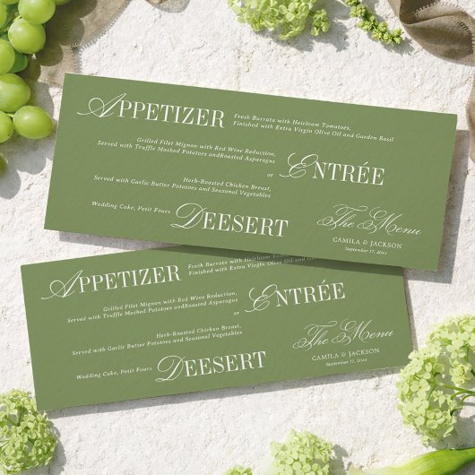 Carte de menu de mariage vert olive Old Money