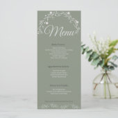 Carte de Menu de Mariage Vert Sage Élégant (Debout devant)