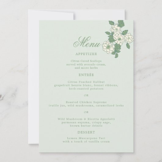 Carte de menu de mariage vert sauge 5x7 (Devant)
