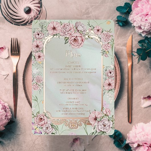Carte de menu de mariage Vintage Mint Peony