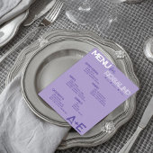 Carte de menu de mariage violet et argent avec nom