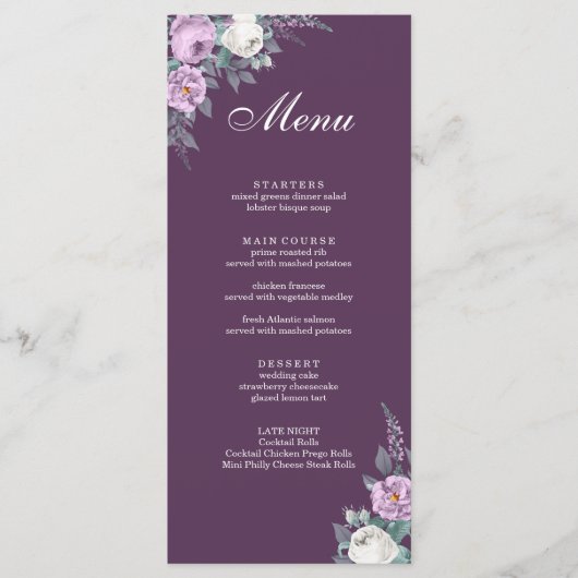 Carte de menu de mariage violet foncé (Devant)