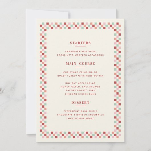 Carte de menu de Noël à damier - Baie (Devant)