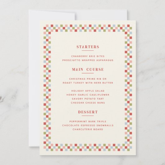 Carte de menu de Noël à damier - Rouge (Devant)