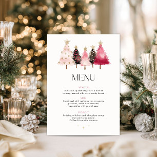 Carte de menu de Noël aux arbres roses à l'aquarel