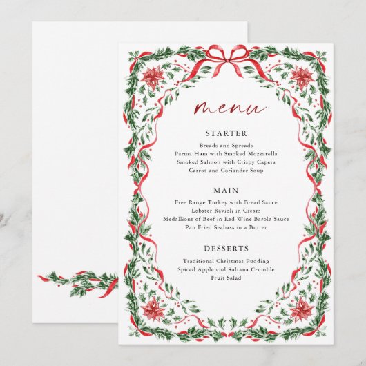 Carte de menu de Noël imprimable avec un ruban rou (Devant / Derrière)