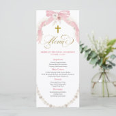 Carte de menu de première communion bohème rose pe (Debout devant)