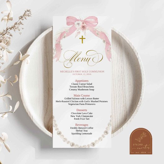 Carte de menu de première communion bohème rose pe