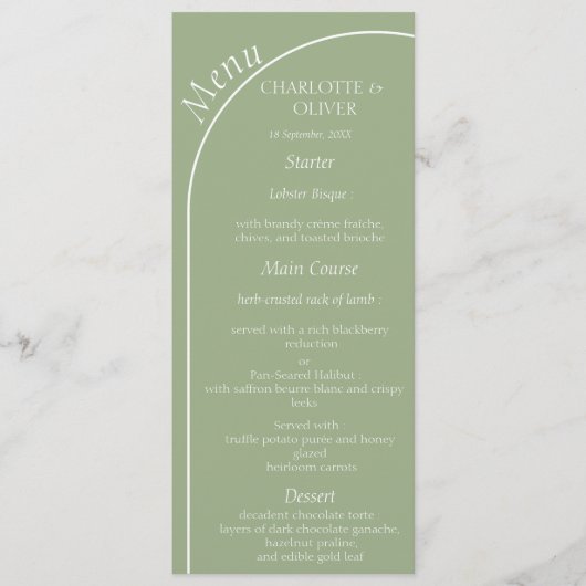 Carte de menu de réception de mariage à arche vert (Devant)