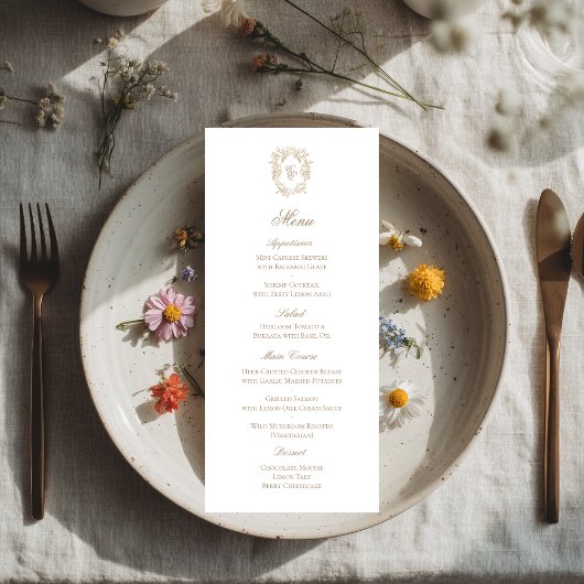 Carte de menu de réception de mariage à armoiries
