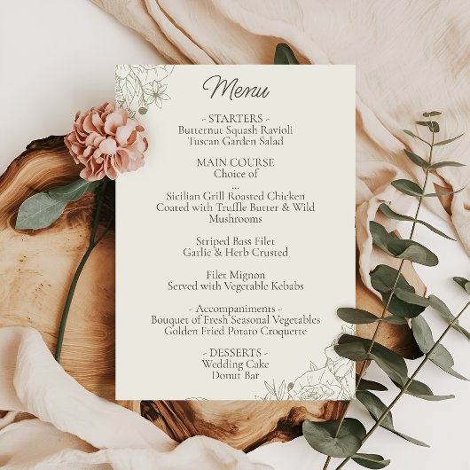 Carte de Menu de Réception de Mariage Botanique Él