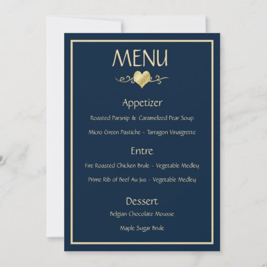 Carte de Menu de Réception de Mariage Classique Na (Dos)