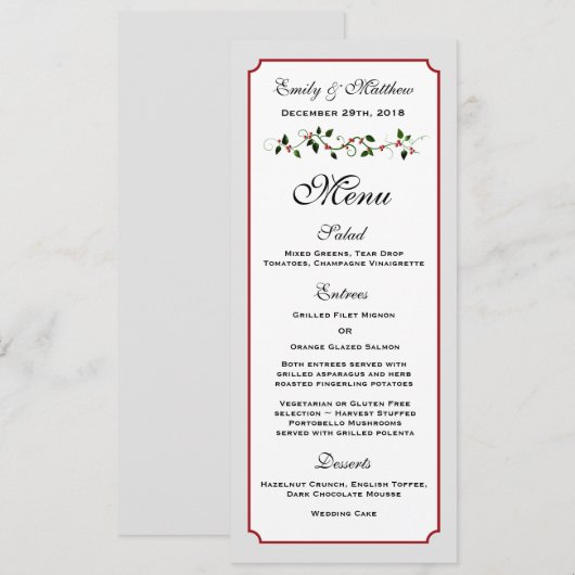 Carte de menu de réception de mariage de vacances (Devant / Derrière)