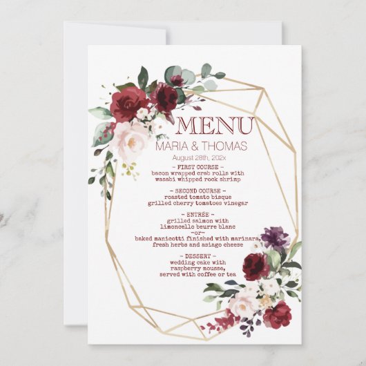 carte de menu de réception de mariage floral (Devant)
