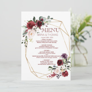 carte de menu de réception de mariage floral
