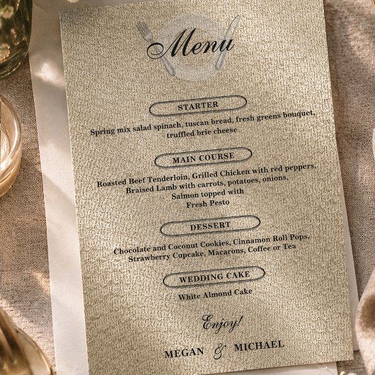 Carte de menu de réception de mariage simple ivoir