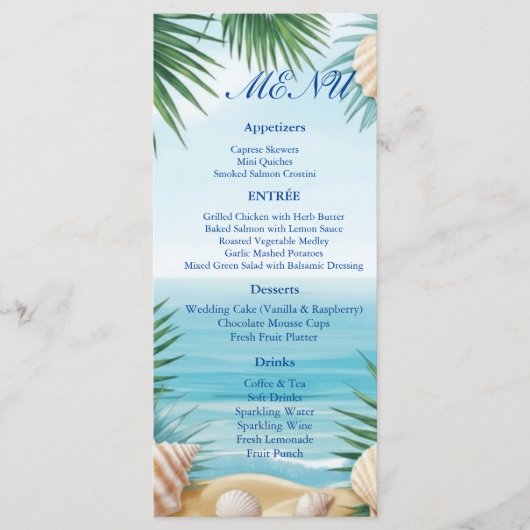 Carte de menu de réception de mariage sur la plage (Devant)