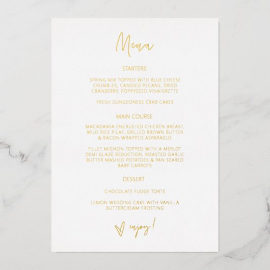 Carte de menu de réception en feuille d'or Mariage (Recto)
