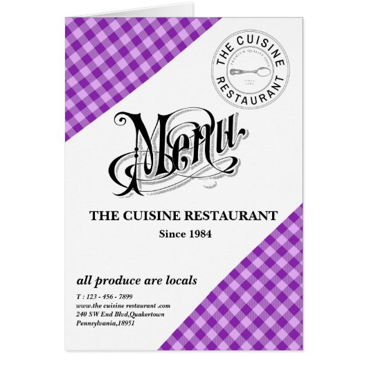 Carte de menu de restaurant à carreaux violet pers (Devant)