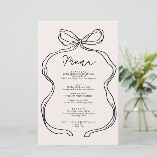 Carte de menu de ruban blanc à main (Debout devant)