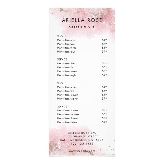 Carte de menu de services de salon en or rose (Devant)