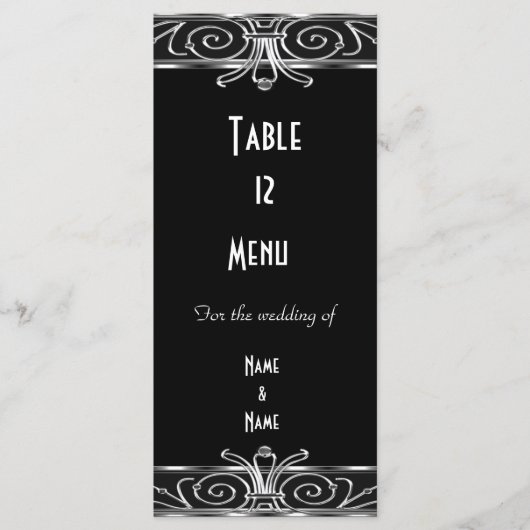 Carte de Menu de Table Élégant Noir Argent Art Déc (Devant)