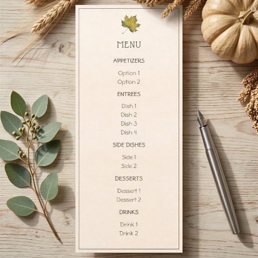 Carte de menu de Thanksgiving avec feuille d'érabl
