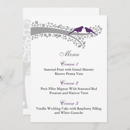 carte de menu des tourterelles pourpres (Devant / Derrière)