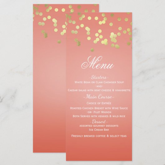 Carte de menu d'invitation chic points corail pêch (Devant / Derrière)