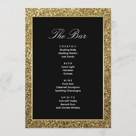 Carte de Menu du Bar de Boissons de Mariage Noir e (Devant)
