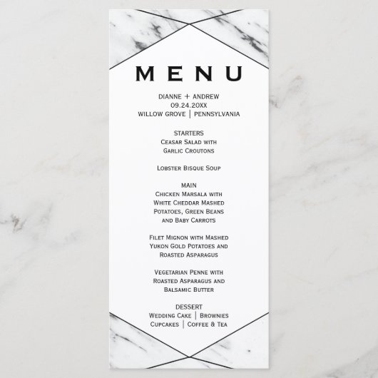 Carte de menu du dîner en marbre blanc et noir (Devant)