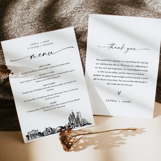 Carte de menu du dîner Mariage de Chicago Skyline