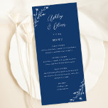 Carte de menu du Mariage botanique bleu Rustic Nav<br><div class="desc">Cette belle carte de menu de réception de mariage dispose d'un bel arrière - plan bleu marine avec des fleurs sauvages dessinés à la main et une élégante typographie en blanc. Ensemble, ces éléments créent un menu de mariage rustique mais élégant qui serait parfait pour un mariage romantique à tout...</div>