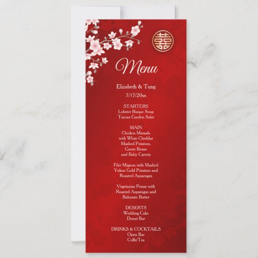 Carte de menu du Mariage chinois rose BILINGUAL (Devant)