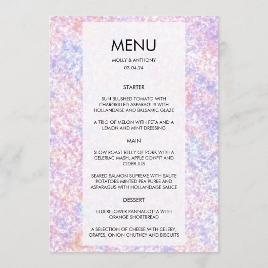 Carte de menu du Mariage couleur aquarelle (Devant)