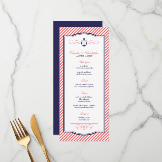 Carte de menu du Mariage d'Ancres nautiques Marine (Devant/Arrière en situation)