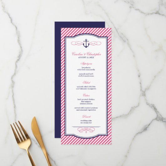 Carte de menu du Mariage d'Ancres nautiques Marine (Devant/Arrière en situation)
