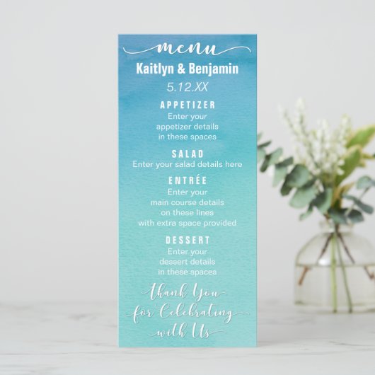 Carte de menu du Mariage d'aquarelle Ombre bleu et (Debout devant)