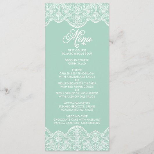Carte de menu du Mariage de dentelle Brocade Mint (Devant)