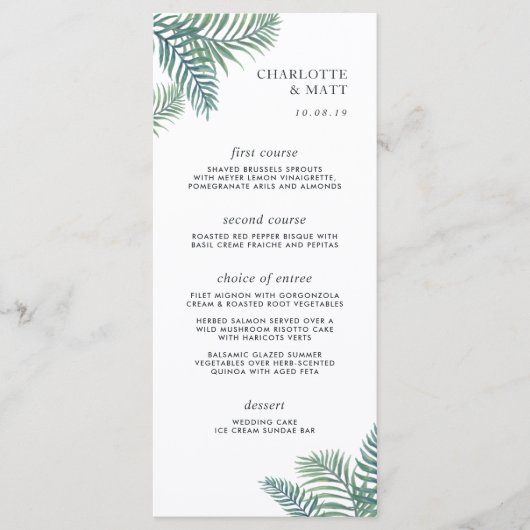 Carte de menu du Mariage de feuillage tropical (Devant)