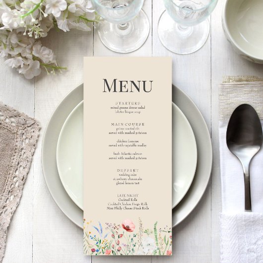 Carte de menu du Mariage de prairie Fleur sauvage 