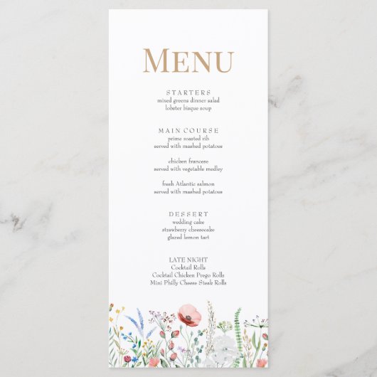 Carte de menu du Mariage de prairie minuscule Fleu (Devant)