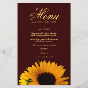 Carte de menu du Mariage de tournesol rustique