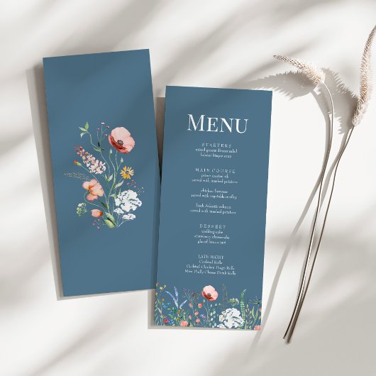 Carte de menu du Mariage du Fleur sauvage bleu Dus
