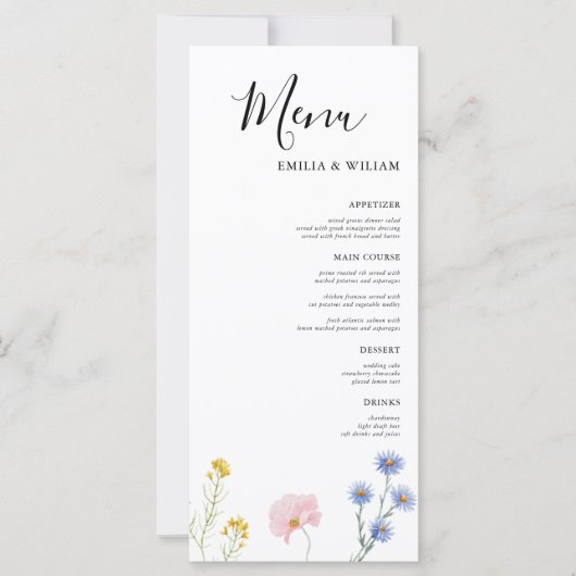 Carte de menu du Mariage du Fleur sauvage botaniqu (Devant)