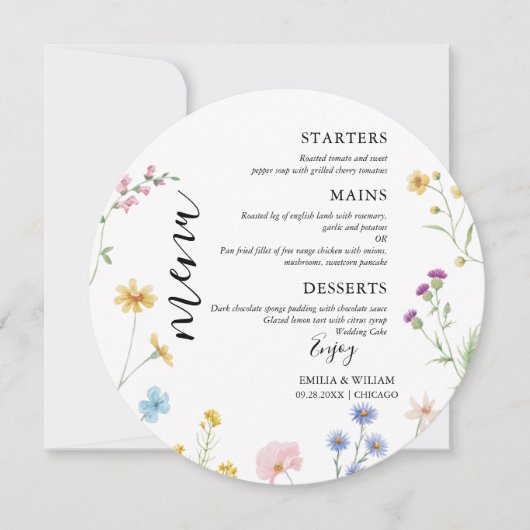 Carte de menu du Mariage du Fleur sauvage botaniqu (Devant)