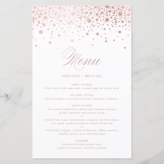 Carte de menu du Mariage Faux Rose Gold Foil Confe (Devant)