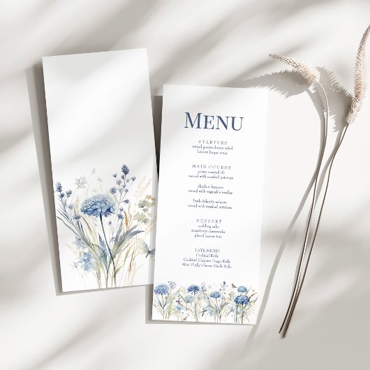 Carte de menu du Mariage Fleur sauvage bleu frança