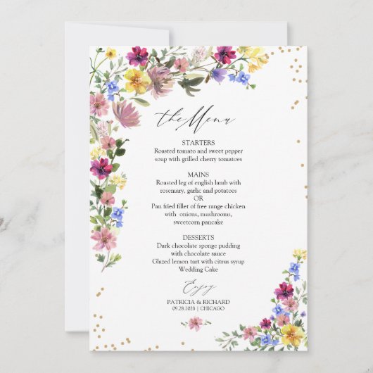 Carte de menu du Mariage Fleur sauvage Boho Chic (Devant)